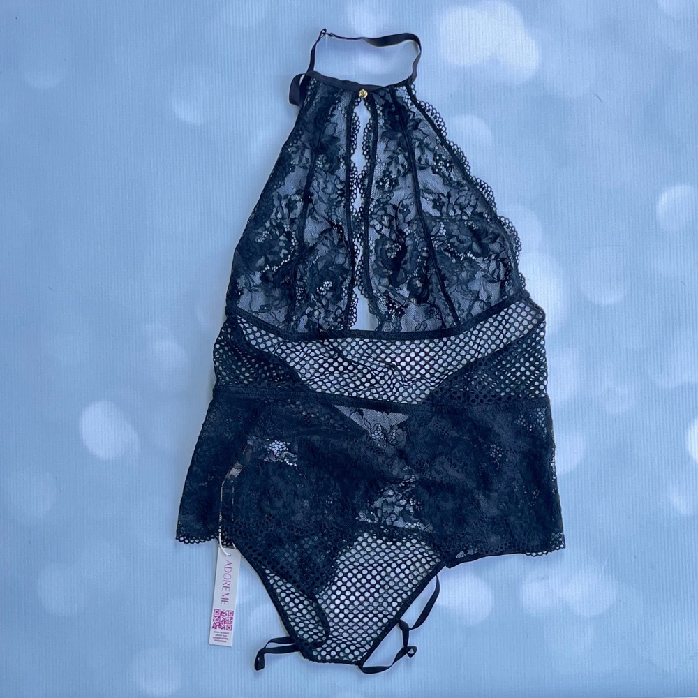 Adore Me Black‎ Floral Lace Fishnet Halter Teddy Lingerie Bodysuit Medium NWT